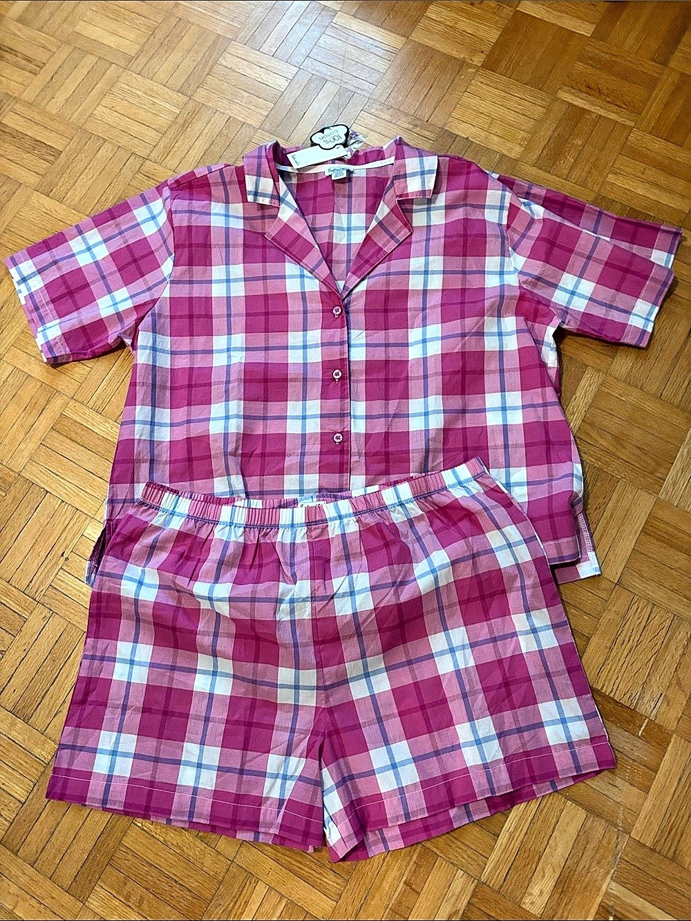 Splendid Short Sleeve Notch Top and Boxer Pajama Set Plaid Pink & Blue XL